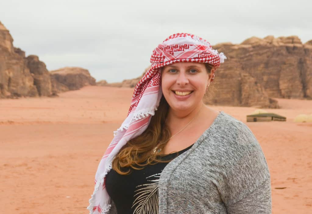 Wearing a Jordanian head scarf in Wadi Rum