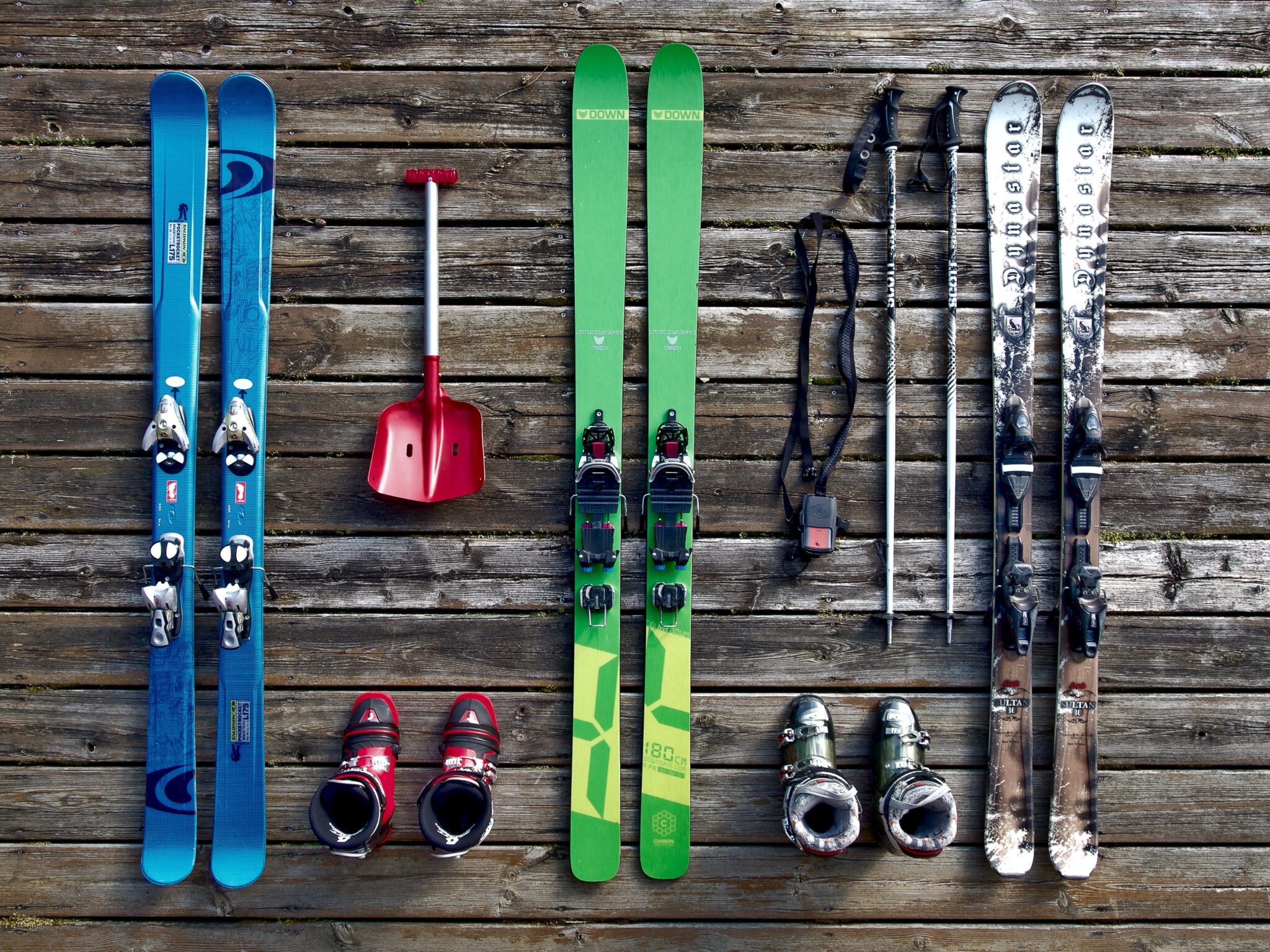 skiis and boots for downhill skiing