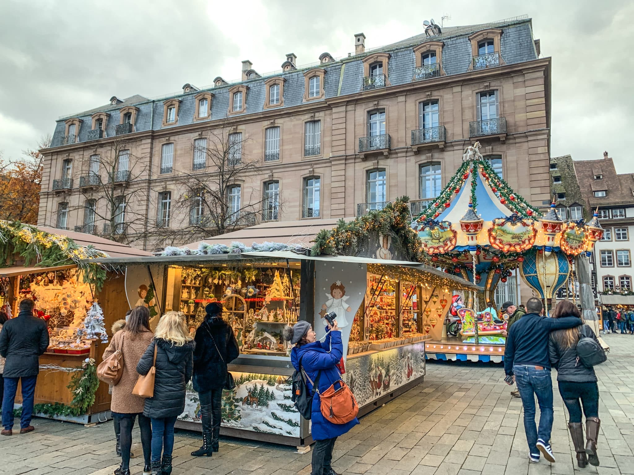 Christmas market stalls in a square in Strasbourg, France