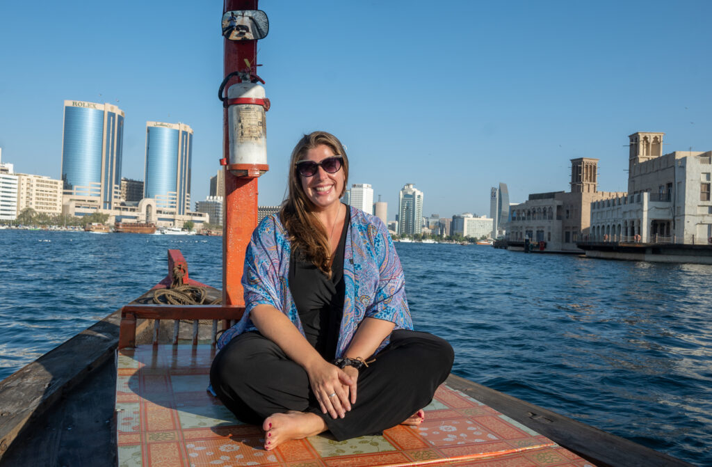 Hannah Logan on a boat in Dubai Canal