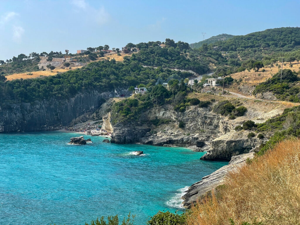 Blue waters and cliffs of Xigia beach in Zakynthos 