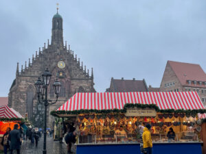 Nuremberg Christmas market tents lined up in front of a gothic church