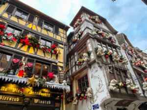 teddy bear decorations on a building in Strasbourg, France