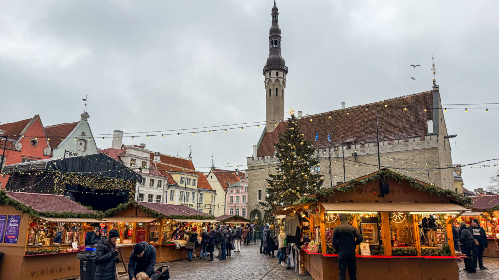 Old Town hall, christmas tree, and cabins at the Tallinn Christmas market