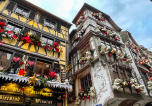 teddy bear decorations on a building in Strasbourg, France